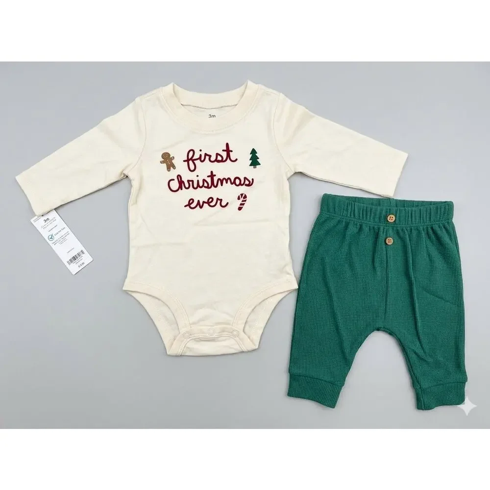 NEW! 3M Carter's Baby 2PC My First Christmas Long Sleeve Bodysuit & Pant Set
